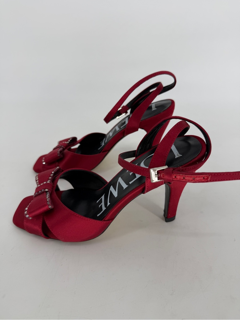 Loewe Red Satin Jewel Bow Embellished Slingback Heels Women's Size 36